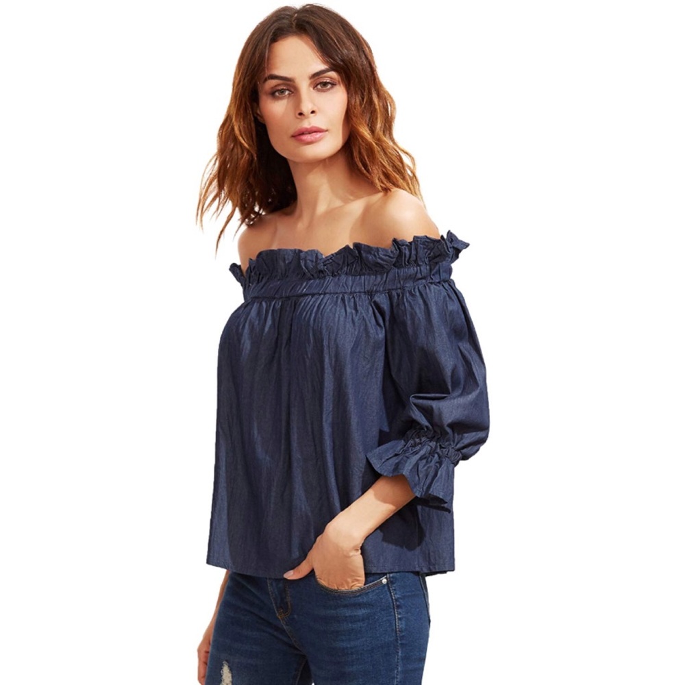 Denim Chambray Off Shoulder Ruffled 3/4 Sleeve Top - Picture 3 of 5
